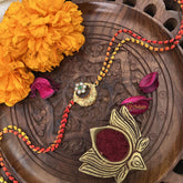 Vriksham Rakshabandhan Kundan Jadau Golden Half Moon With Flower Pendant Rakhi-Green  White-G18962